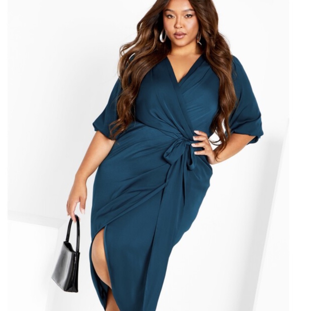 City Chic teal blue satin wrap dress